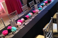 Pink-and-black-mitzvah-estate-table-decor-puff-balls-custom-letters-glitter-runner